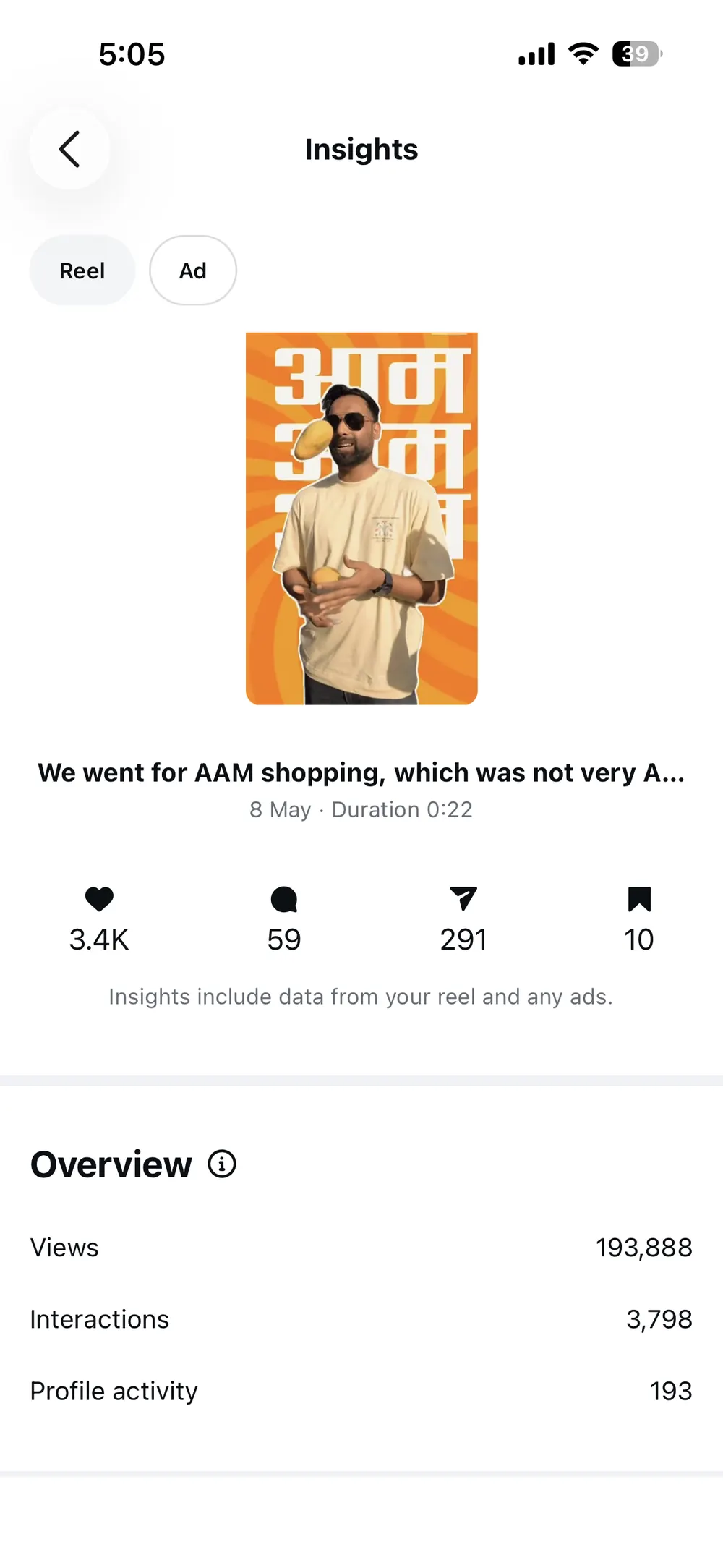 Instagram insights for an Aamrush campaign reel.