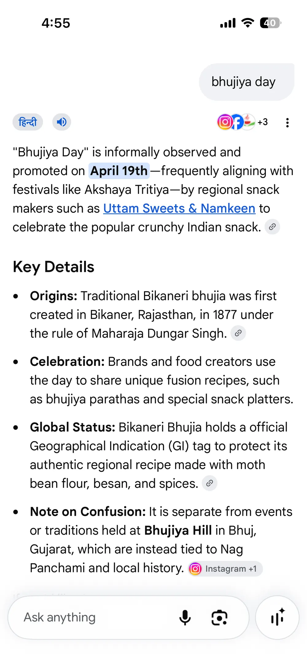 A search answer describing Bhujiya Day and citing Uttam Sweets and Namkeen.