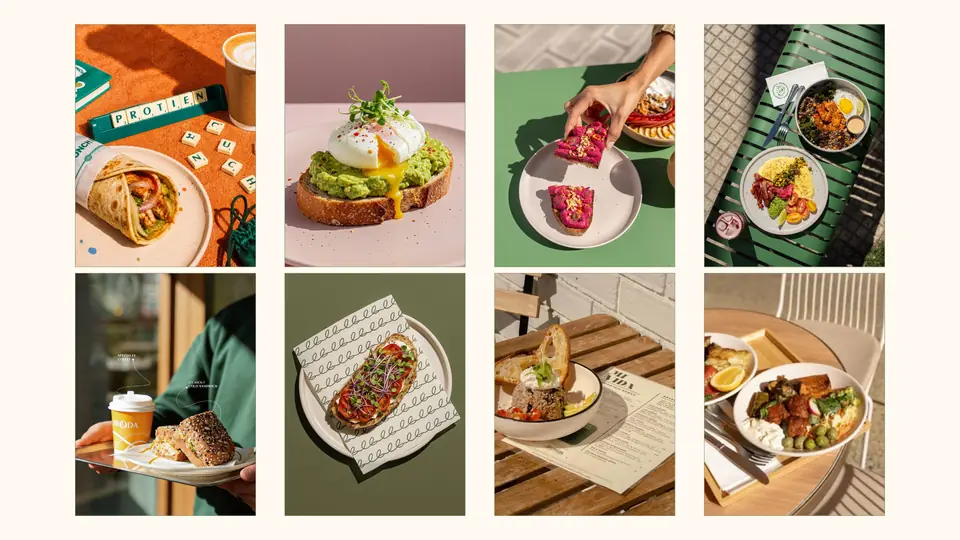 Moodboard of eight breakfast references: eggs, toast, coffee and outdoor tables.