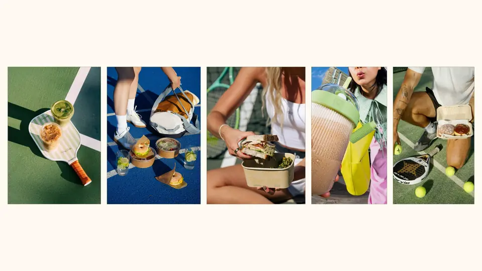 Moodboard of five references pairing pickleball courts and paddles with food and drink.