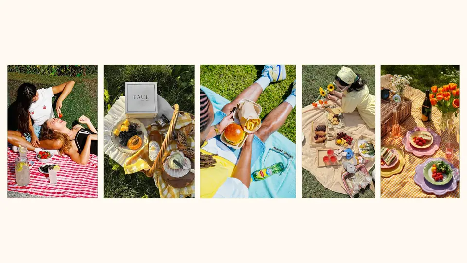 Moodboard of five picnic references: blankets, spreads laid on grass and flowers.