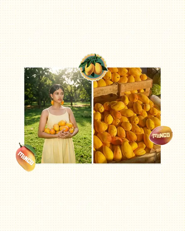 Aamrush campaign cover: a cream collage of a woman holding mangoes beside a crate of them.