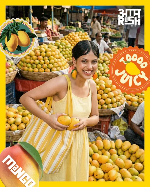 A woman holding a mango in a fruit market, framed in yellow with a too juicy sticker.
