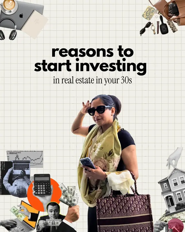 Carousel cover reading reasons to start investing in real estate in your 30s, cut-out collage style.