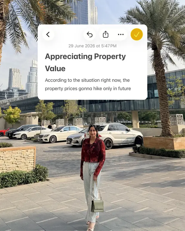 A note card headed appreciating property value, laid over a city street photograph.